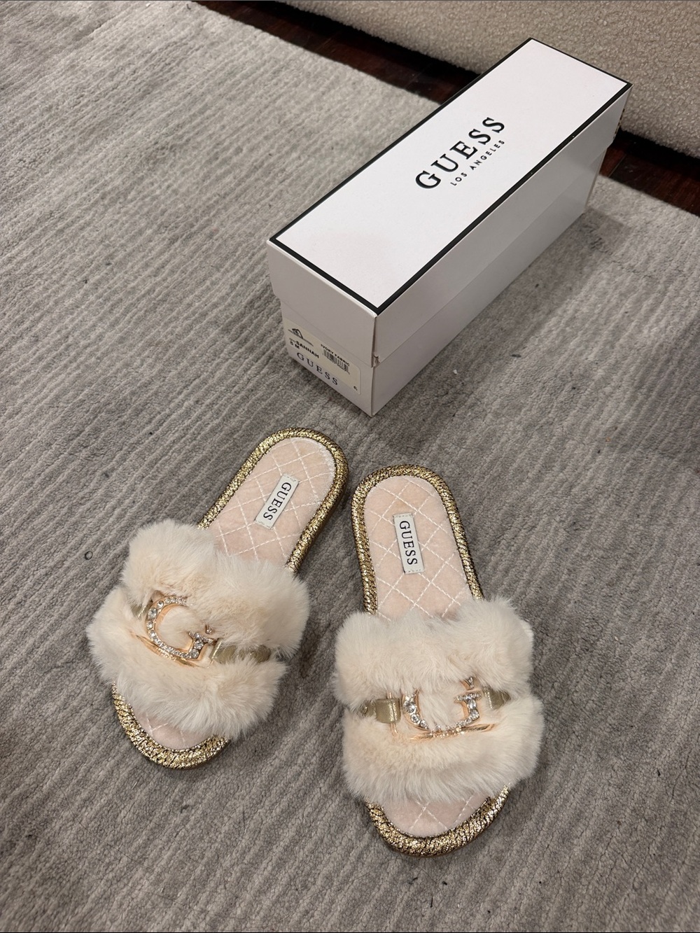 GUESS Cream Faux Fur Slide Sandals with Gold Crystal Logo Trim